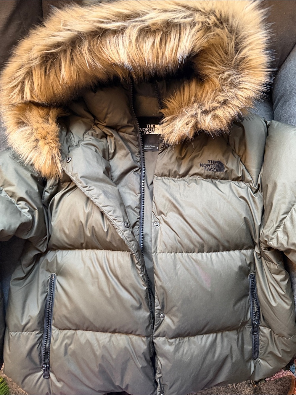 The North Face Women's Olive Puffer Coat with Faux Fur Hood